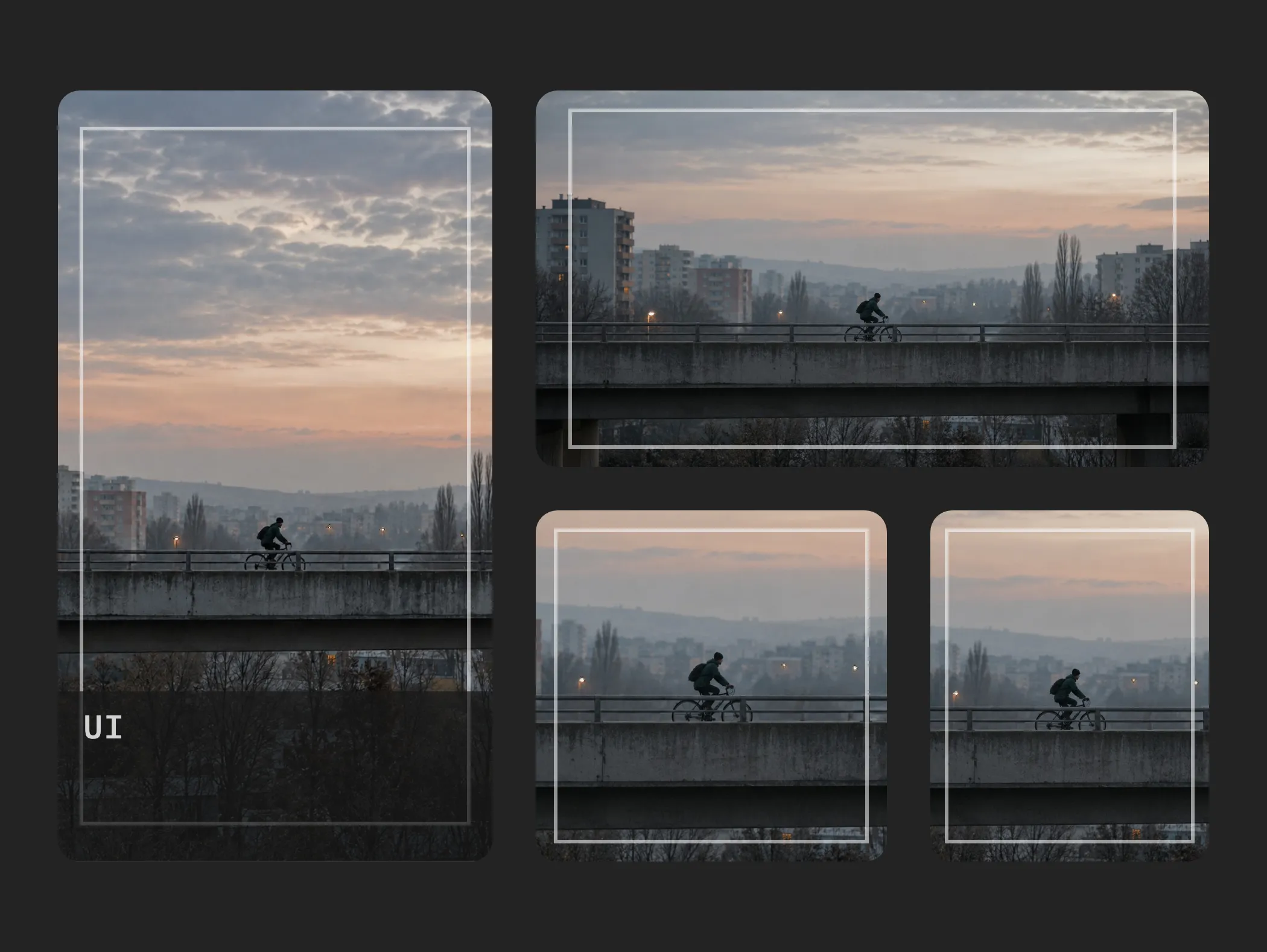 A cyclist crossing an ordinary concrete overpass at dawn, shown as a 9:16 version, a 16:9 master and 1:1 and 4:5 versions.